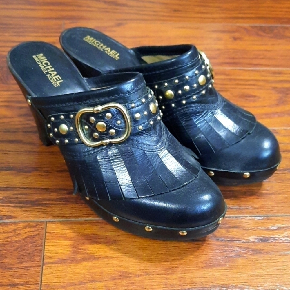 Michael Kors Black Gold Studded Fringe Heeled Mules